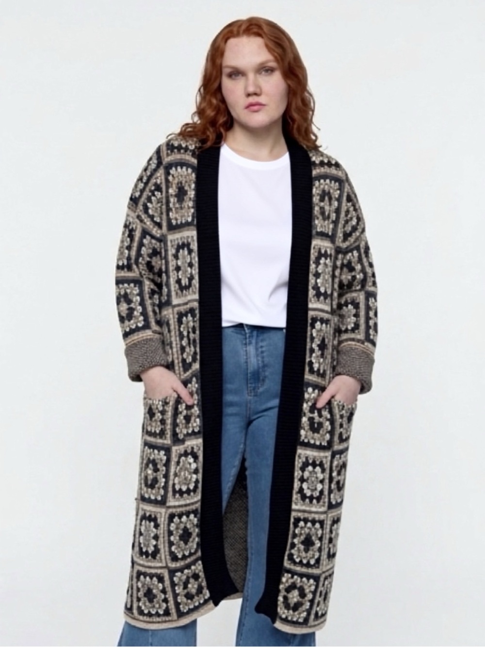 DAVI & DANI Black and Cream Granny Square Cardigan Sweater